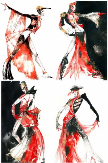 4款红色飘逸长裙设计图