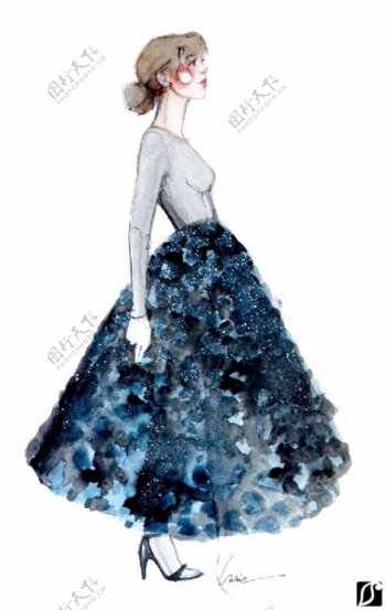 深蓝色花瓣连衣裙设计图