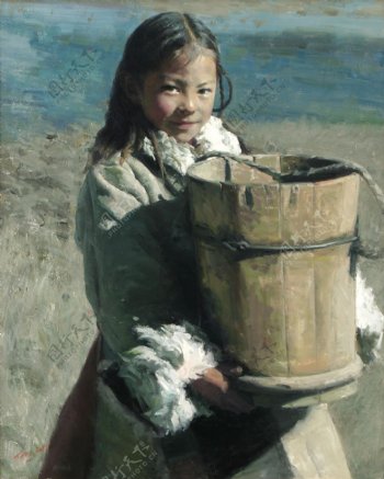 抱着水桶的藏族女孩油画肖像图片