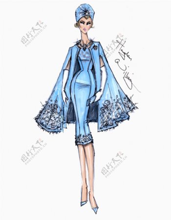 蓝色紧身裙披风设计图