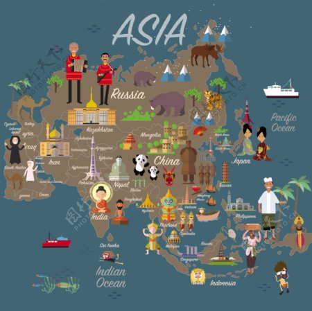 卡通亚洲旅游地图海报矢量素材下载