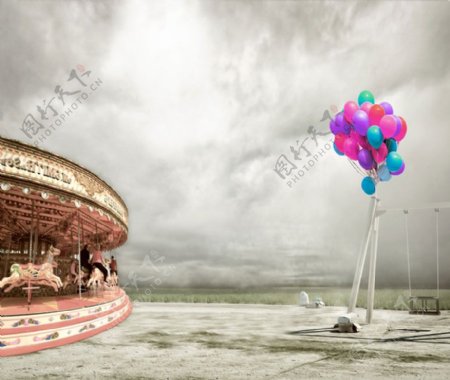旋转木马与气球影楼摄影背景图片