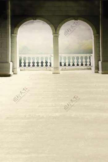 两个拱形门与栏杆影楼摄影背景图片