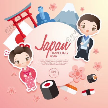 卡通日本旅游海报矢量素材下载