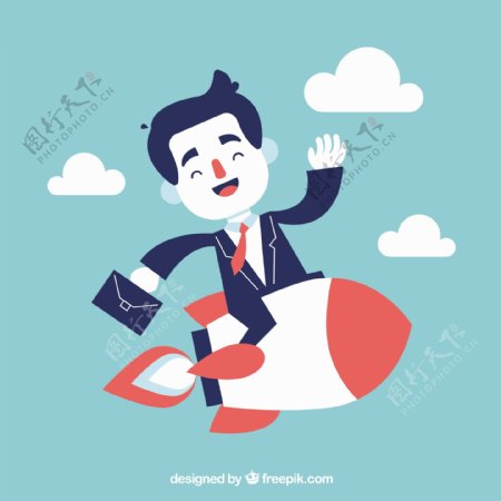 快乐的商人坐火箭走向他的目标蓝天背景