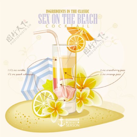 柠檬花朵手绘夏日饮料矢量素材