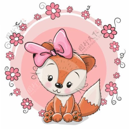 粉色花朵狐狸图片
