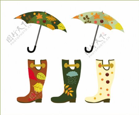 创意雨鞋雨伞秋季图案矢量图
