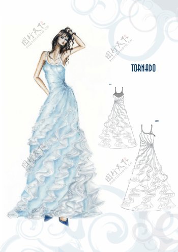 蓝色波浪纹长裙设计图