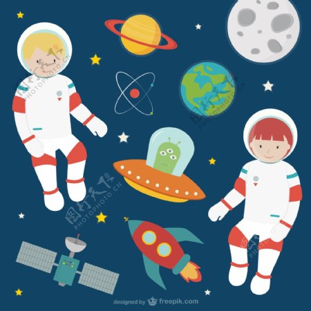童趣太空探险插画矢量素材图片