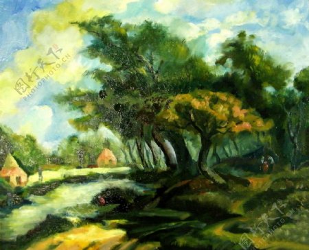 村庄树木风景油画图片