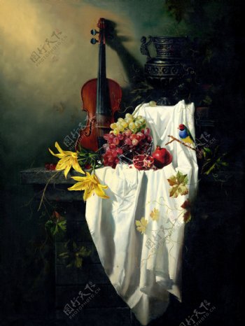 小提琴与新鲜水果静物油画图片