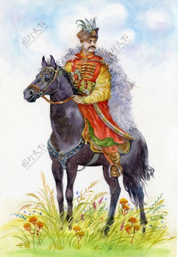 草地上骑马的欧洲贵族男人水彩画图片