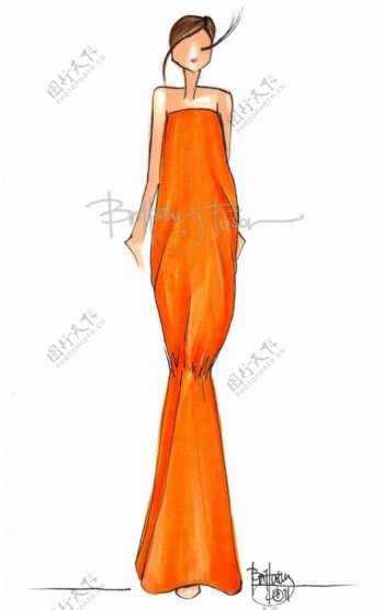 橙色抹胸长裙
