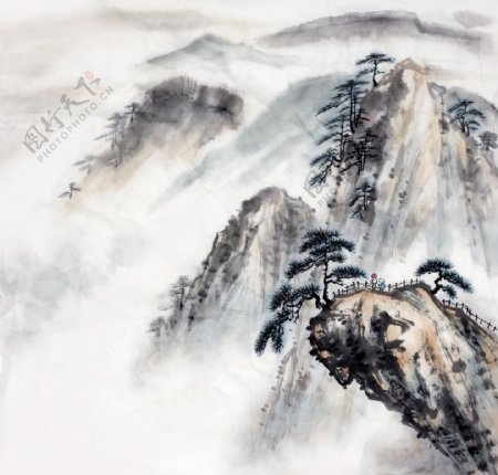 高山上的松树水墨画图片