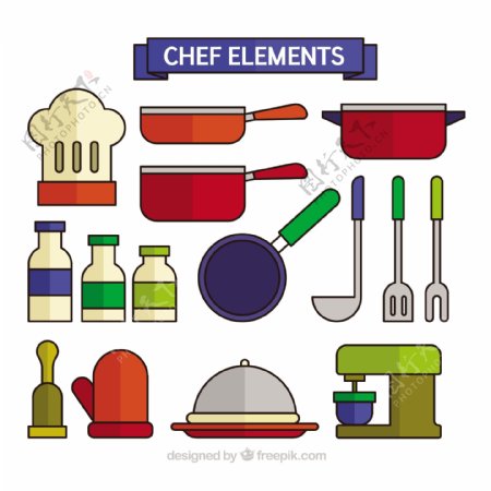 各种彩色厨师用品平面设计素材
