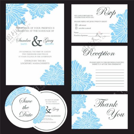 蓝色花卉婚礼贺卡模板图片