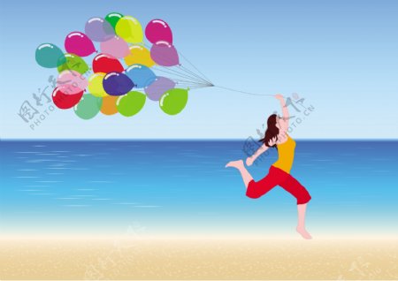 海滩美女气球矢量背景