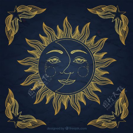 手绘的太阳和月亮的装饰
