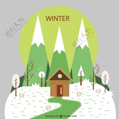 卡通冬季木屋风景矢量素材