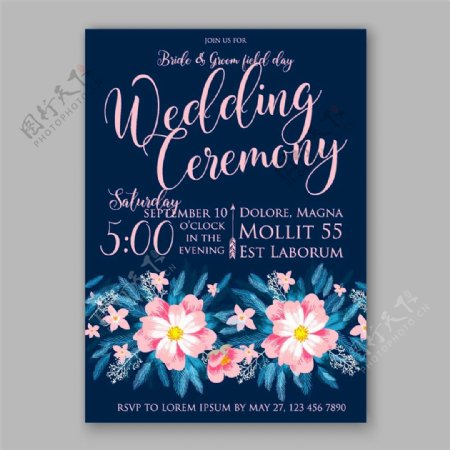 粉色英文和水彩花朵婚礼请贴图片