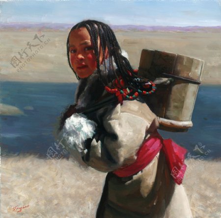 背水的藏族女孩油画写生图片