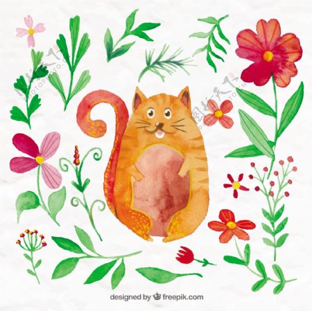 水彩可爱的猫有花和树叶