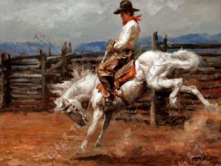 骑白马的牛仔油画图片