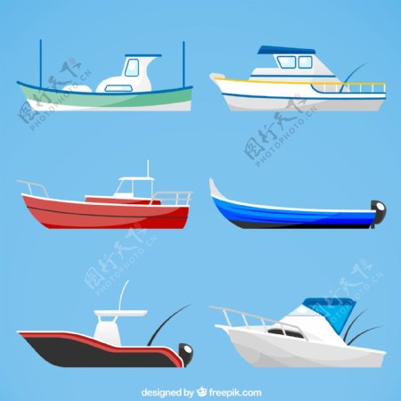 手绘各种不同颜色形状的船
