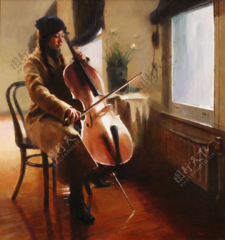 拉大提琴的美女油画图片