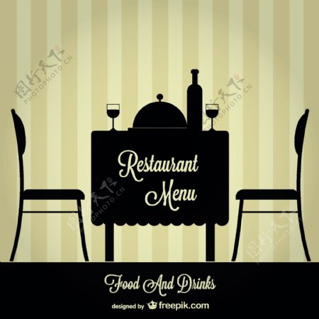 黑色剪影和餐馆的桌子椅子