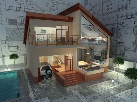 别墅3D效果与图纸
