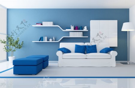 蓝色简洁客厅设计图片