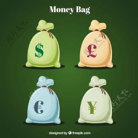 四种货币符号钱袋插图