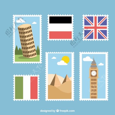手绘国家元素邮票平面设计图标