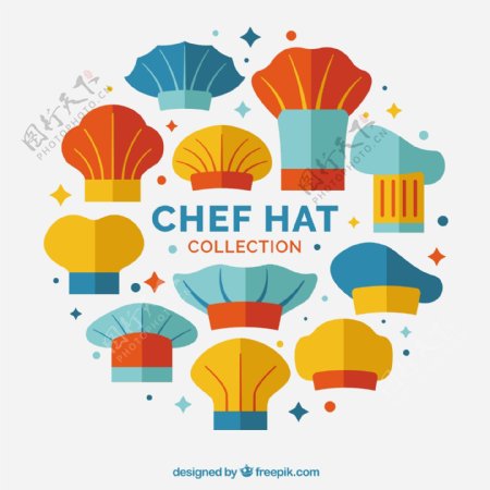手绘各种彩色厨师帽平面设计图标