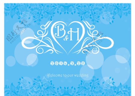 婚礼蓝色底纹花纹标志