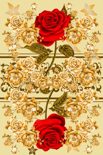 手绘黄金花卉玫瑰图案