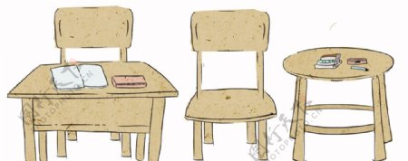手绘教室桌子凳子和书本
