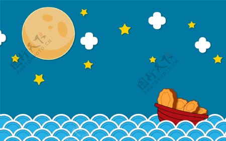 卡通月亮星星行星海浪背景