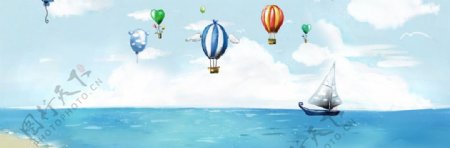 手绘热气球船帆大海背景素材