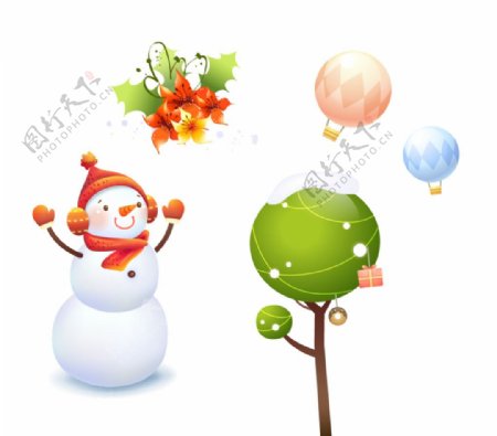雪人热气球树木花朵
