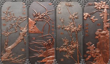 木雕梅兰竹菊背景墙