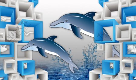 3D立体海豚背景墙