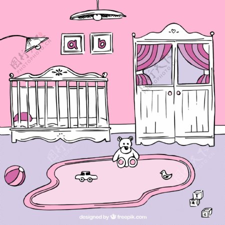 白色粉红手绘婴儿房