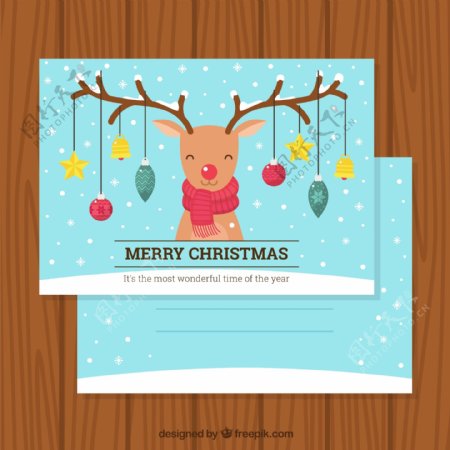 卡通圣诞驯鹿和挂饰节日贺卡矢量素材1