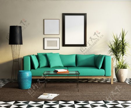 绿色沙发和壁画设计