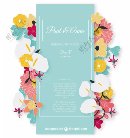 婚礼邀请卡与五颜六色的花朵