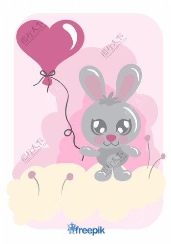 带有心形气球的卡通兔子