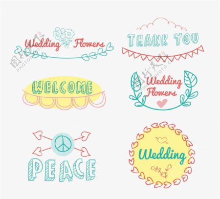 彩色手绘婚礼标签矢量素材
